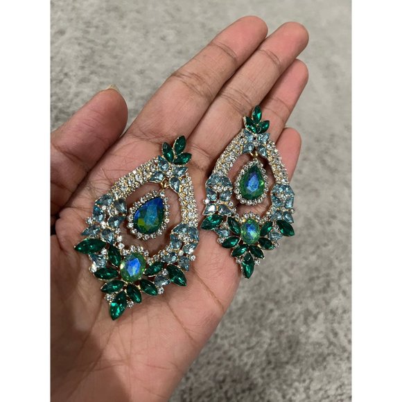 Big Blue and green earring large Emerald crystal chandelier rhinestone 2.6” - Picture 3 of 7